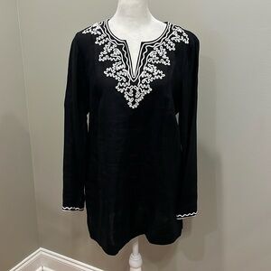 Madison Linen Embroidered Black Tunic Top Size Medium